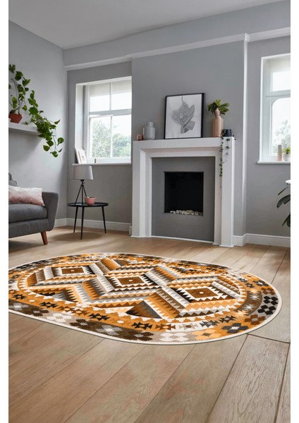 Modern Tasarım Etnik Desen Dijital Kaymaz Yıkanabilir Oval Yolluk Salon Halısı, O-Etnik-09-Kahve,
