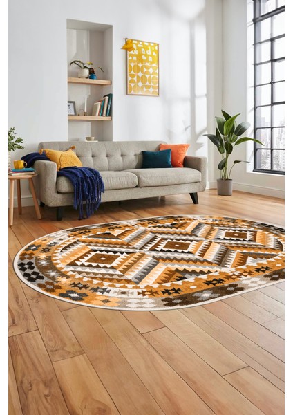 Modern Tasarım Etnik Desen Dijital Kaymaz Yıkanabilir Oval Yolluk Salon Halısı, O-Etnik-09-Kahve, modelleri