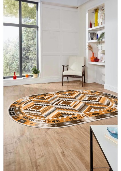 Modern Tasarım Etnik Desen Dijital Kaymaz Yıkanabilir Oval Yolluk Salon Halısı, O-Etnik-09-Kahve, indirimleri