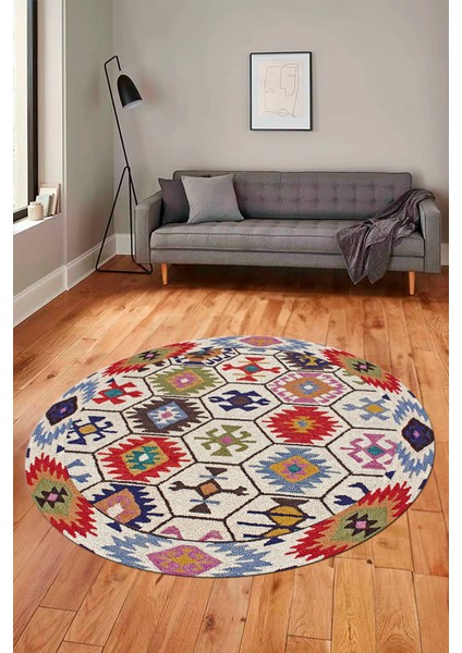 Dijital Kaymaz Yıkanabilir Etnik Desenli Yuvarlak Mutfak Salon Halısı, Y-Etnik-12-Renkli, fırsatları