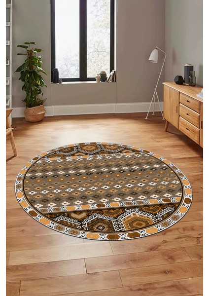 Dijital Kaymaz Yıkanabilir Şık Etnik Desenli Yuvarlak Mutfak Salon Halısı, Y-Etnik-13-Kahve, fiyatları