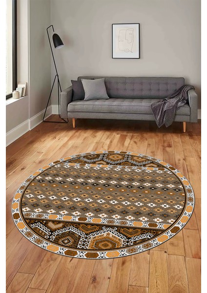 Dijital Kaymaz Yıkanabilir Şık Etnik Desenli Yuvarlak Mutfak Salon Halısı, Y-Etnik-13-Kahve, modelleri