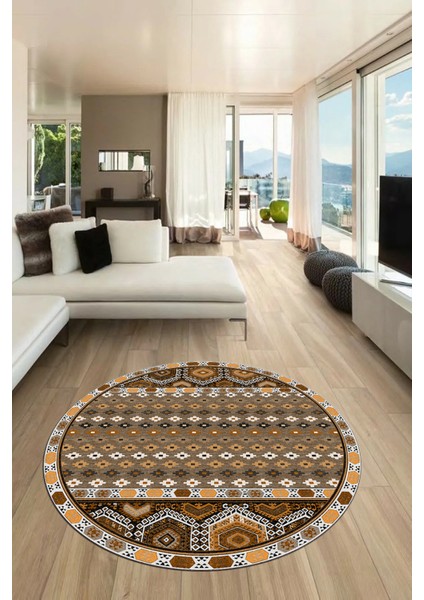 Dijital Kaymaz Yıkanabilir Şık Etnik Desenli Yuvarlak Mutfak Salon Halısı, Y-Etnik-13-Kahve, indirimleri