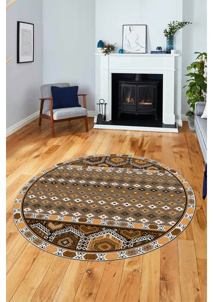 Dijital Kaymaz Yıkanabilir Şık Etnik Desenli Yuvarlak Mutfak Salon Halısı, Y-Etnik-13-Kahve,