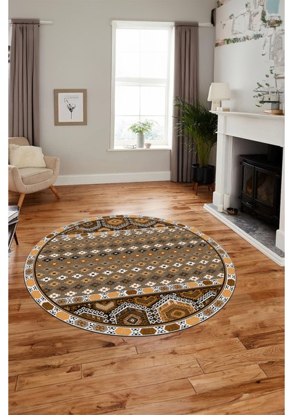 Dijital Kaymaz Yıkanabilir Şık Etnik Desenli Yuvarlak Mutfak Salon Halısı, Y-Etnik-13-Kahve, fırsatları