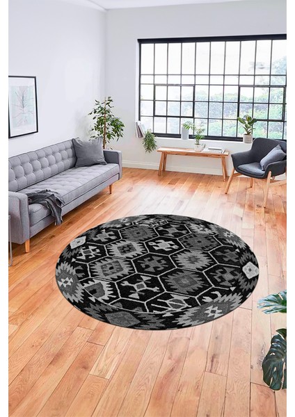 Dijital Kaymaz Yıkanabilir Etnik Desenli Yuvarlak Mutfak Salon Halısı, Y-Etnik-12-Antrasit,