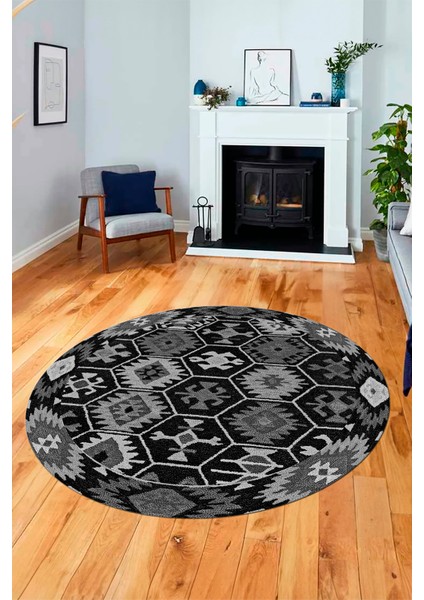Dijital Kaymaz Yıkanabilir Etnik Desenli Yuvarlak Mutfak Salon Halısı, Y-Etnik-12-Antrasit, fiyatları
