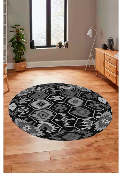 Dijital Kaymaz Yıkanabilir Etnik Desenli Yuvarlak Mutfak Salon Halısı, Y-Etnik-12-Antrasit, modelleri