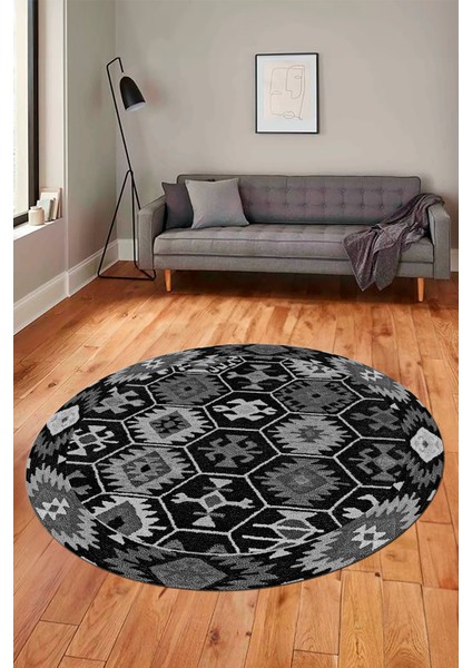 Dijital Kaymaz Yıkanabilir Etnik Desenli Yuvarlak Mutfak Salon Halısı, Y-Etnik-12-Antrasit, fırsatları