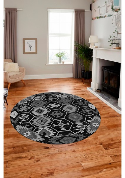 Dijital Kaymaz Yıkanabilir Etnik Desenli Yuvarlak Mutfak Salon Halısı, Y-Etnik-12-Antrasit, indirimleri