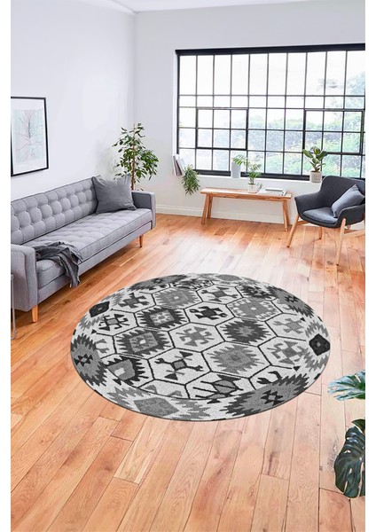 Dijital Kaymaz Yıkanabilir Etnik Desenli Yuvarlak Mutfak Salon Halısı, Y-Etnik-12-Gri,
