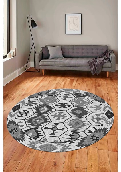 Dijital Kaymaz Yıkanabilir Etnik Desenli Yuvarlak Mutfak Salon Halısı, Y-Etnik-12-Gri, fırsatları