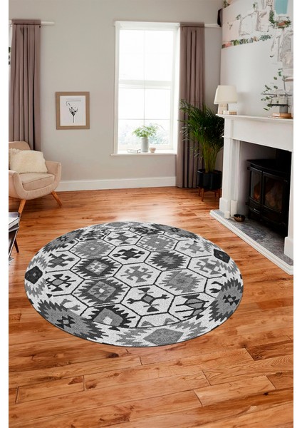 Dijital Kaymaz Yıkanabilir Etnik Desenli Yuvarlak Mutfak Salon Halısı, Y-Etnik-12-Gri, indirimleri