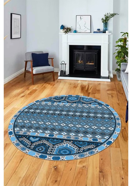 Dijital Kaymaz Yıkanabilir Şık Etnik Desenli Yuvarlak Mutfak Salon Halısı, Y-Etnik-13-Mavi,