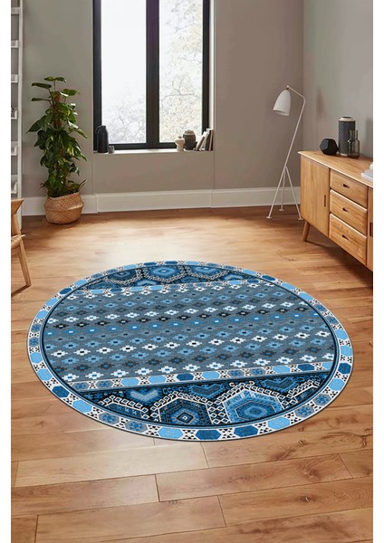 Dijital Kaymaz Yıkanabilir Şık Etnik Desenli Yuvarlak Mutfak Salon Halısı, Y-Etnik-13-Mavi, fiyatları