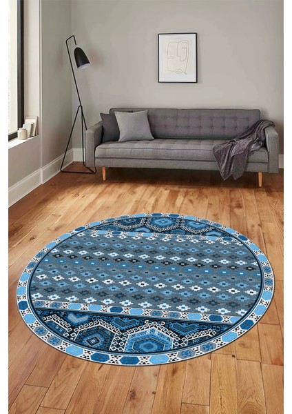 Dijital Kaymaz Yıkanabilir Şık Etnik Desenli Yuvarlak Mutfak Salon Halısı, Y-Etnik-13-Mavi, modelleri
