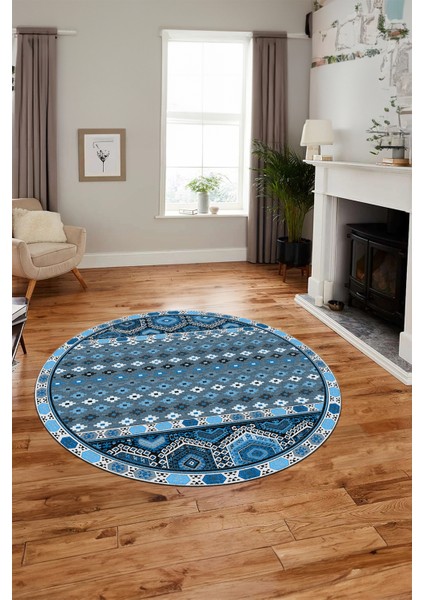 Dijital Kaymaz Yıkanabilir Şık Etnik Desenli Yuvarlak Mutfak Salon Halısı, Y-Etnik-13-Mavi, fırsatları