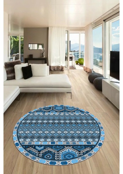 Dijital Kaymaz Yıkanabilir Şık Etnik Desenli Yuvarlak Mutfak Salon Halısı, Y-Etnik-13-Mavi, indirimleri