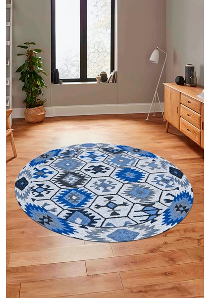 Dijital Kaymaz Yıkanabilir Etnik Desenli Yuvarlak Mutfak Salon Halısı, Y-Etnik-12-Mavi, modelleri