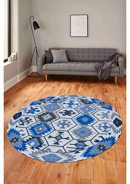 Dijital Kaymaz Yıkanabilir Etnik Desenli Yuvarlak Mutfak Salon Halısı, Y-Etnik-12-Mavi, fırsatları