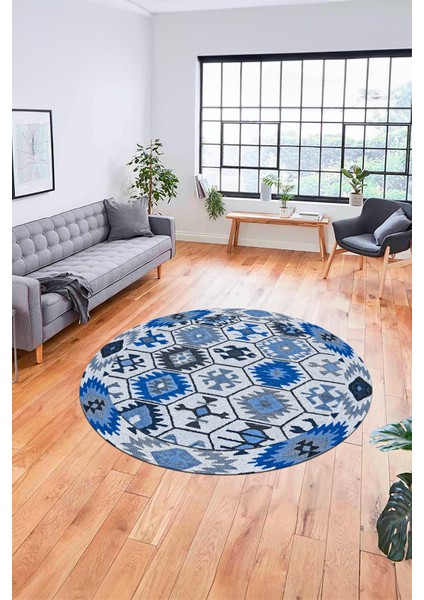 Dijital Kaymaz Yıkanabilir Etnik Desenli Yuvarlak Mutfak Salon Halısı, Y-Etnik-12-Mavi,
