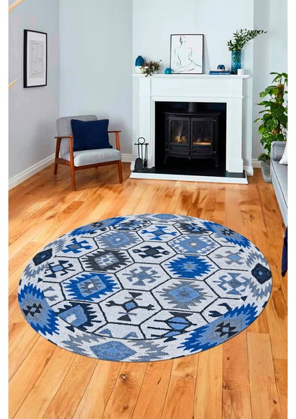 Dijital Kaymaz Yıkanabilir Etnik Desenli Yuvarlak Mutfak Salon Halısı, Y-Etnik-12-Mavi, fiyatları