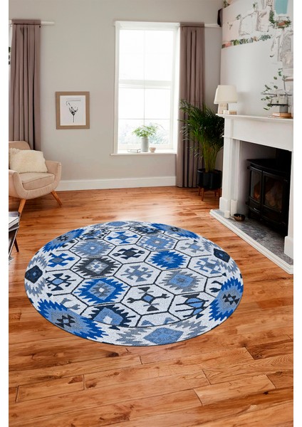 Dijital Kaymaz Yıkanabilir Etnik Desenli Yuvarlak Mutfak Salon Halısı, Y-Etnik-12-Mavi, indirimleri