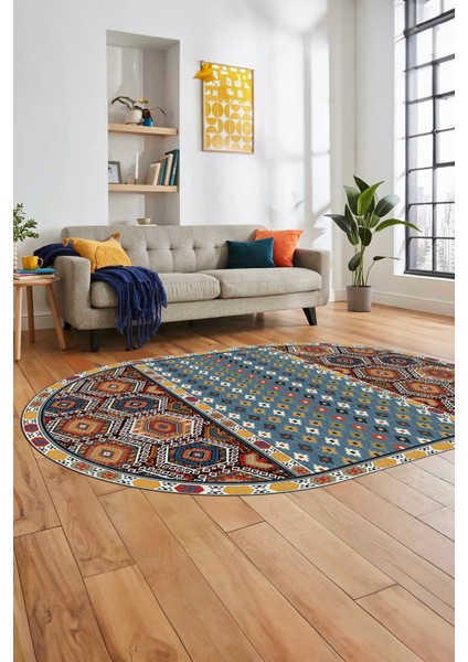 Dijital Kaymaz Yıkanabilir Şık Etnik Desenli Oval Yolluk Mutfak Salon Halısı, O-Etnik-13-Renkli,