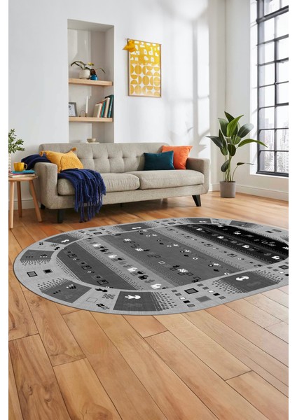 Dijital Kaymaz Yıkanabilir Motifli Etnik Desen Oval Yolluk Mutfak Salon Halısı, O-Etnik-15-Antrasit,