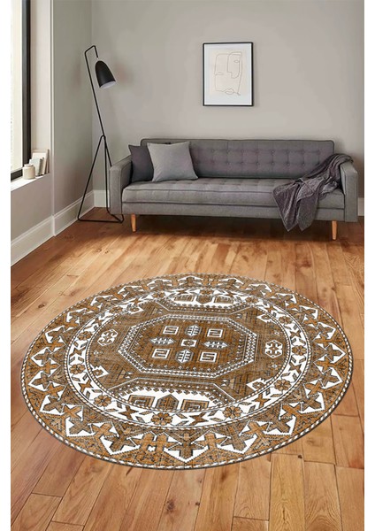 Dijital Kaymaz Yıkanabilir Şık Etnik Desenli Yuvarlak Mutfak Salon Halısı, Y-Etnik-14-Kahve, modelleri