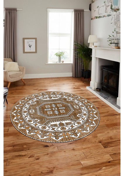 Dijital Kaymaz Yıkanabilir Şık Etnik Desenli Yuvarlak Mutfak Salon Halısı, Y-Etnik-14-Kahve, fırsatları