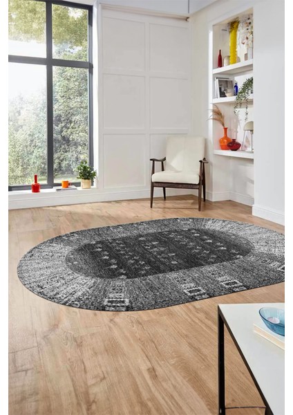 Dijital Kaymaz Yıkanabilir Yeni Etnik Desen Oval Yolluk Mutfak Salon Halısı, O-Etnik-16-Gri,