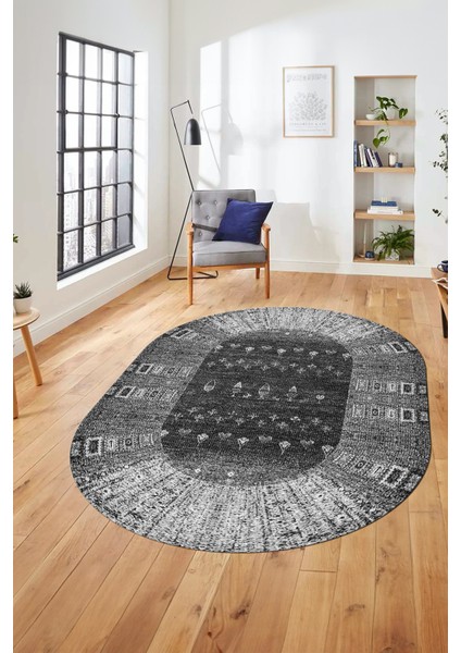 Dijital Kaymaz Yıkanabilir Yeni Etnik Desen Oval Yolluk Mutfak Salon Halısı, O-Etnik-16-Gri,