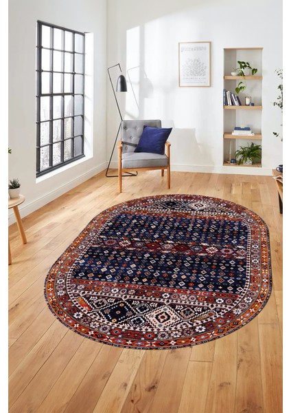 Yeni Tasarım Etnik Desenli Yıkanabilir Oval Yolluk Mutfak Salon Koridor Halısı, O-Etnik-17-Lacivert, modelleri
