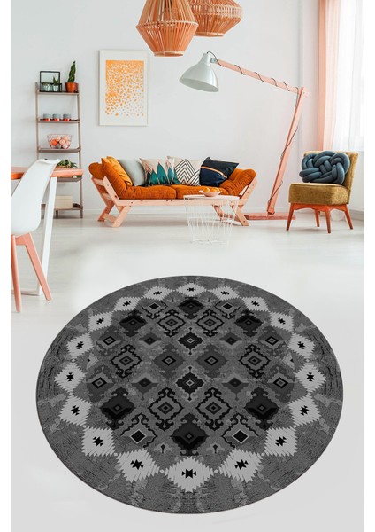 Sade Etnik Desen Kaymaz Yıkanabilir Yuvarlak Mutfak Salon Koridor Halısı, Y-Etnik-19-Gri, indirimleri
