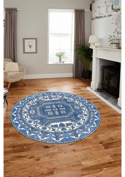 Dijital Kaymaz Yıkanabilir Şık Etnik Desenli Yuvarlak Mutfak Salon Halısı, Y-Etnik-14-Mavi, fırsatları