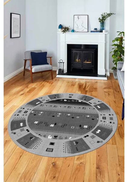 Dijital Kaymaz Yıkanabilir Motifli Etnik Desenli Yuvarlak Mutfak Salon Halısı, Y-Etnik-15-Antrasit,