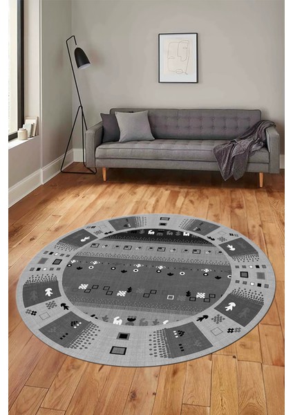 Dijital Kaymaz Yıkanabilir Motifli Etnik Desenli Yuvarlak Mutfak Salon Halısı, Y-Etnik-15-Antrasit, modelleri