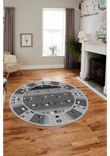 Dijital Kaymaz Yıkanabilir Motifli Etnik Desenli Yuvarlak Mutfak Salon Halısı, Y-Etnik-15-Antrasit, fırsatları