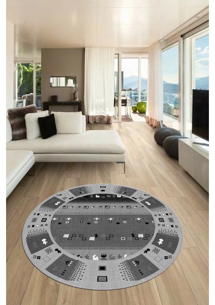 Dijital Kaymaz Yıkanabilir Motifli Etnik Desenli Yuvarlak Mutfak Salon Halısı, Y-Etnik-15-Antrasit, indirimleri