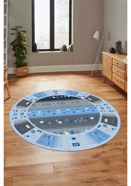 Dijital Kaymaz Yıkanabilir Motifli Etnik Desenli Yuvarlak Mutfak Salon Halısı, Y-Etnik-15-Mavi,