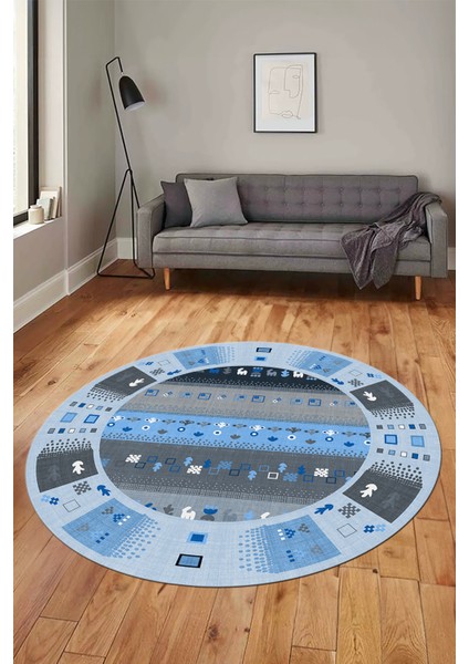 Dijital Kaymaz Yıkanabilir Motifli Etnik Desenli Yuvarlak Mutfak Salon Halısı, Y-Etnik-15-Mavi, fiyatları
