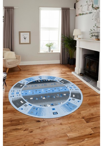 Dijital Kaymaz Yıkanabilir Motifli Etnik Desenli Yuvarlak Mutfak Salon Halısı, Y-Etnik-15-Mavi, modelleri