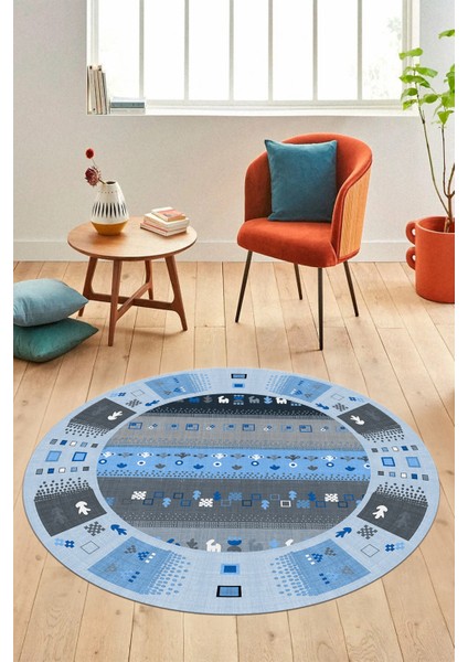 Dijital Kaymaz Yıkanabilir Motifli Etnik Desenli Yuvarlak Mutfak Salon Halısı, Y-Etnik-15-Mavi, indirimleri