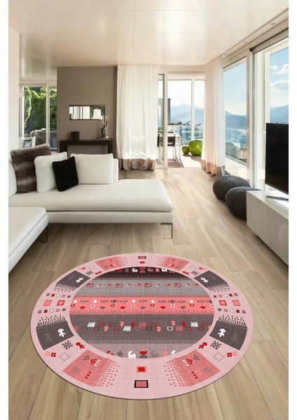Dijital Kaymaz Yıkanabilir Motifli Etnik Desenli Yuvarlak Mutfak Salon Halısı, Y-Etnik-15-Pembe,