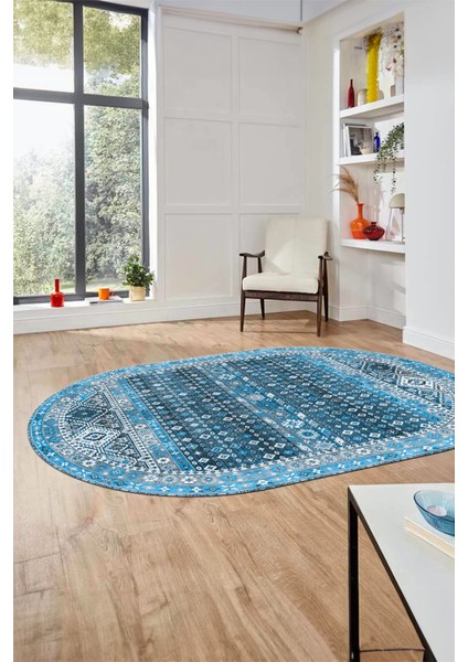 Yeni Tasarım Etnik Desenli Yıkanabilir Oval Yolluk Mutfak Salon Koridor Halısı, O-Etnik-17-Mavi, fiyatları