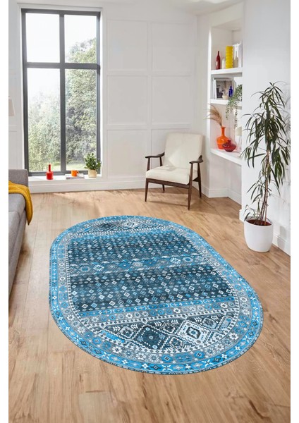 Yeni Tasarım Etnik Desenli Yıkanabilir Oval Yolluk Mutfak Salon Koridor Halısı, O-Etnik-17-Mavi,