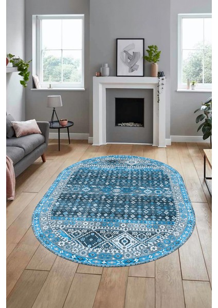 Yeni Tasarım Etnik Desenli Yıkanabilir Oval Yolluk Mutfak Salon Koridor Halısı, O-Etnik-17-Mavi, indirimleri