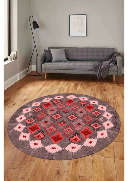 Sade Etnik Desen Kaymaz Yıkanabilir Yuvarlak Mutfak Salon Koridor Halısı, Y-Etnik-19-Kırmızı,