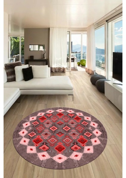 Sade Etnik Desen Kaymaz Yıkanabilir Yuvarlak Mutfak Salon Koridor Halısı, Y-Etnik-19-Kırmızı, modelleri